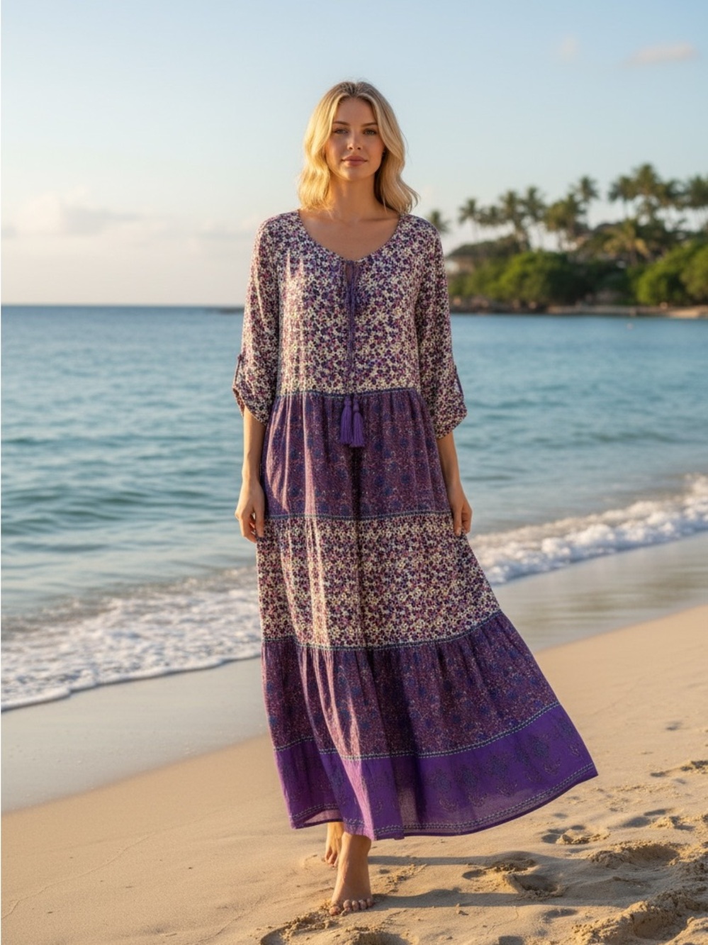 NWT Natural Life Rebecca Tiered Maxi Dress Purple Floral New Small